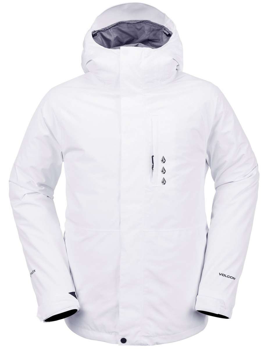 Volcom Dua Insulated GORE-TEX Jacket 2024 - A white jacket with a hood, featuring three black logos on the chest and black hardware.