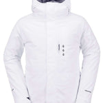 Volcom Dua Insulated GORE-TEX Jacket 2024 - A white jacket with a hood, featuring three black logos on the chest and black hardware.