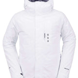 Volcom Dua Insulated GORE-TEX Jacket 2024 - A white jacket with a hood, featuring three black logos on the chest and black hardware.
