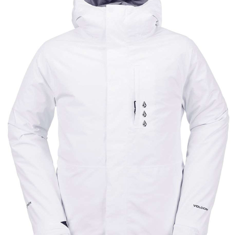 Volcom Dua Insulated GORE-TEX Jacket 2024 - A white jacket with a hood, featuring three black logos on the chest and black hardware.
