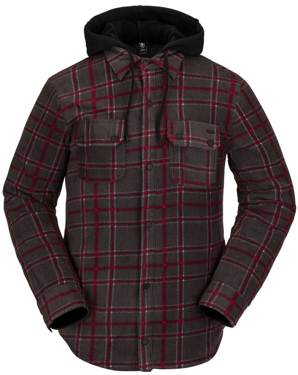 Volcom Field Insulated Flannel Jacket - A dark brown flannel jacket with a subtle plaid pattern and two chest pockets.
