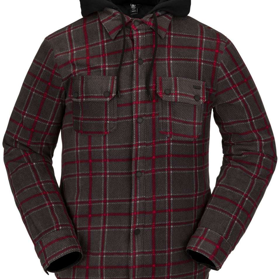 Volcom Field Insulated Flannel Jacket - A dark brown flannel jacket with a subtle plaid pattern and two chest pockets.
