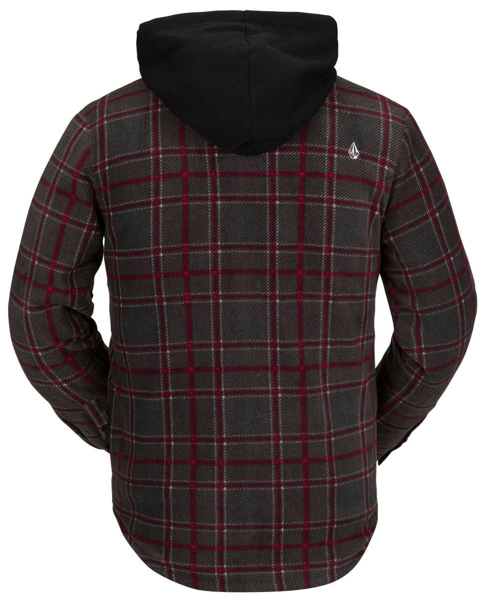 Volcom Field Insulated Flannel Jacket 2023 - A dark gray flannel jacket with a red and white plaid pattern, featuring a hood and a small white logo on the upper right side.