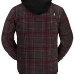 Volcom Field Insulated Flannel Jacket 2023 - A dark gray flannel jacket with a red and white plaid pattern, featuring a hood and a small white logo on the upper right side.