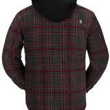 Volcom Field Insulated Flannel Jacket 2023 - A dark gray flannel jacket with a red and white plaid pattern, featuring a hood and a small white logo on the upper right side.