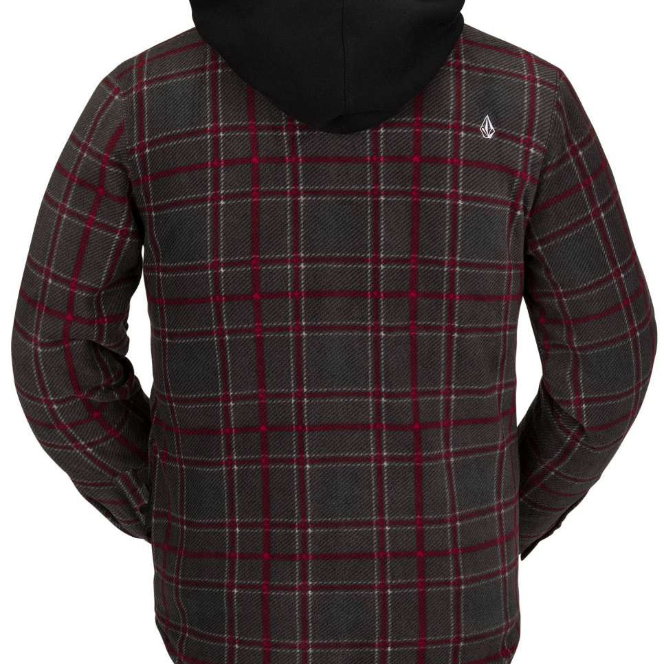 Volcom Field Insulated Flannel Jacket 2023 - A dark gray flannel jacket with a red and white plaid pattern, featuring a hood and a small white logo on the upper right side.