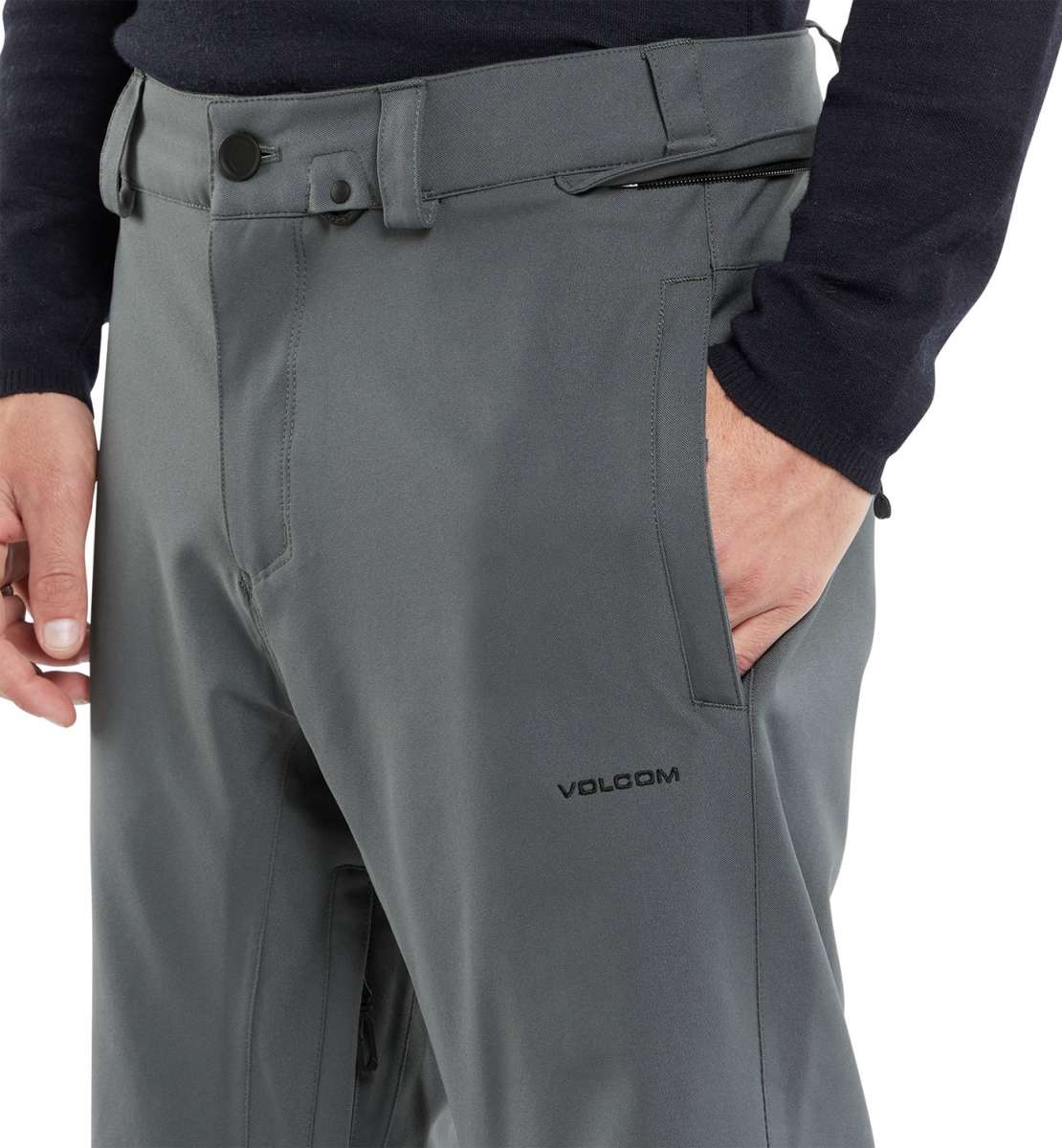 Volcom Freakin' Snow Chino Pants 2024 - Dark gray snow pants with zippered pockets and a black zipper on the fly.