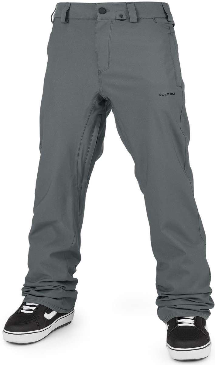 Volcom Freakin' Snow Chino Pants 2024 - Pair of gray snow pants with a subtle black stripe on the side seam and two zippered pockets at the back.