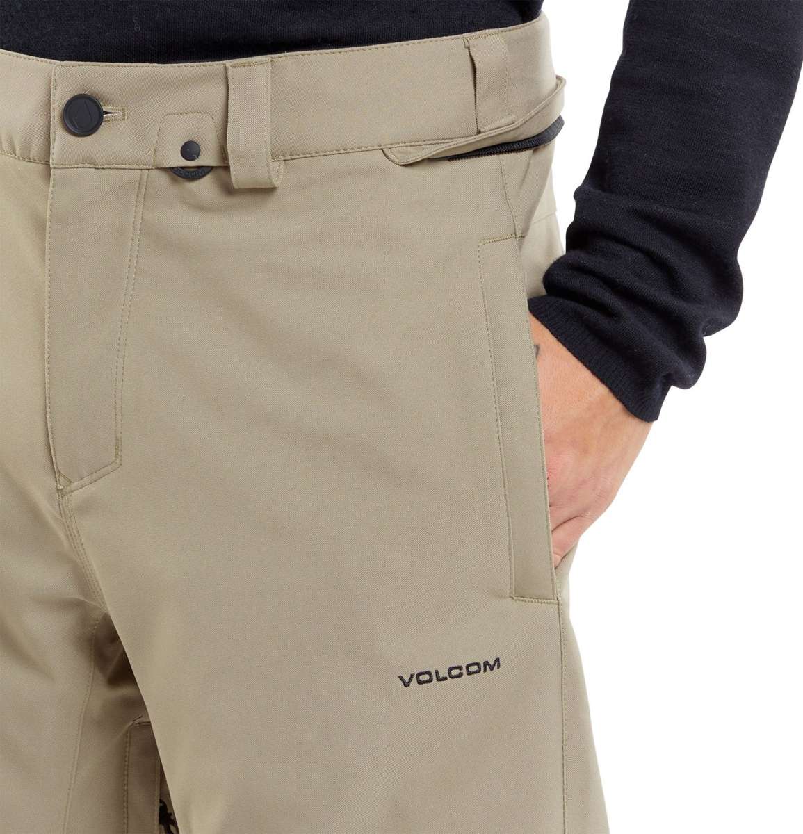Volcom Freakin' Snow Chino Pants 2024 - Khaki pants with a black zipper on the back pocket.