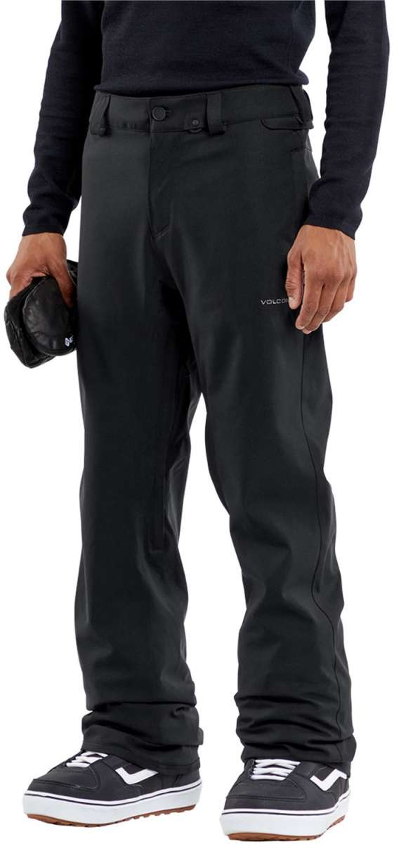 Volcom Freakin' Snow Chino Pants 2024 - Black pants with white logo on left thigh and black belt loops.
