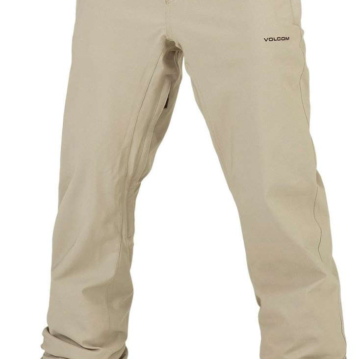 Volcom Freakin' Snow Chino Pants 2024 - Beige pants with a subtle black logo on the left thigh and two zippered pockets at the back.