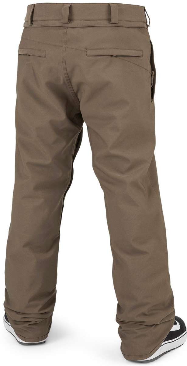 Volcom Freakin' Snow Chino Pants 2024 - Khaki pants with a subtle snowflake pattern on the left leg.
