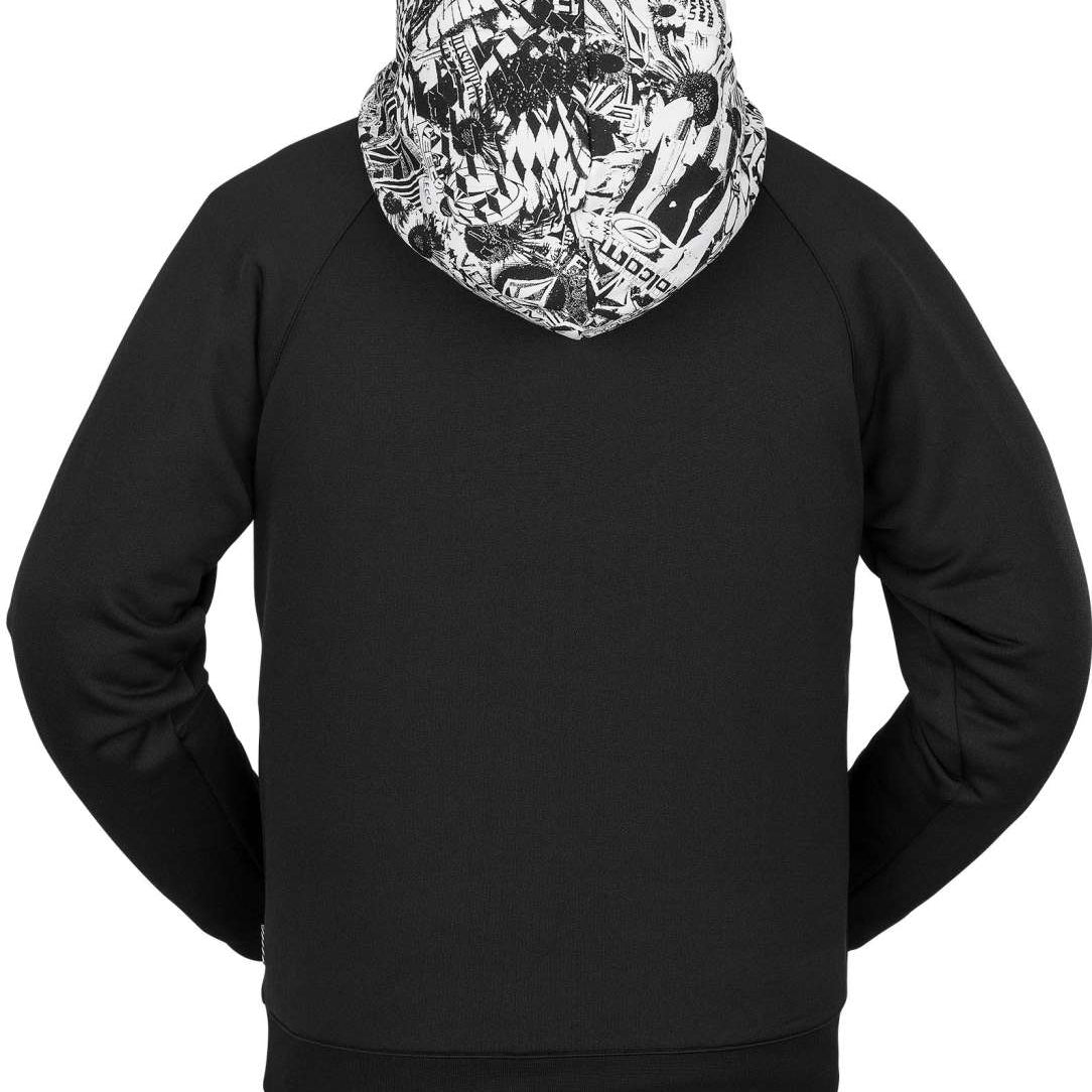 Volcom Hydro Riding Hoodie 2023 - A black hoodie with a white and grey abstract design on the hood.