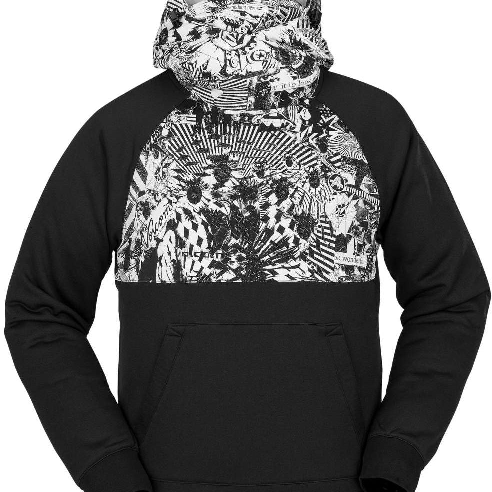 Volcom - A black hoodie with a white graphic of a man riding a wave on the chest.