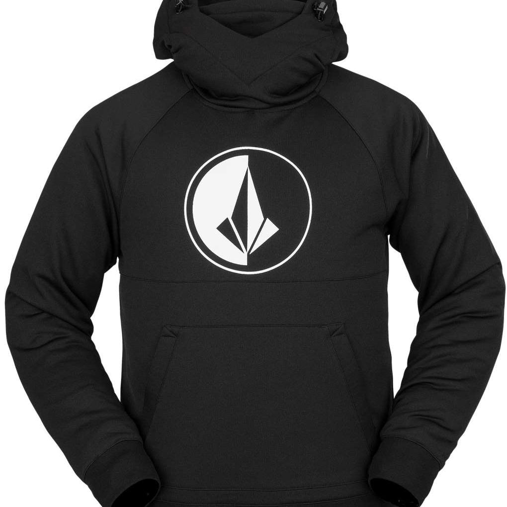 Volcom - A black hoodie with a white logo featuring a stylized "V" and a geometric shape, set against a solid light gray background.