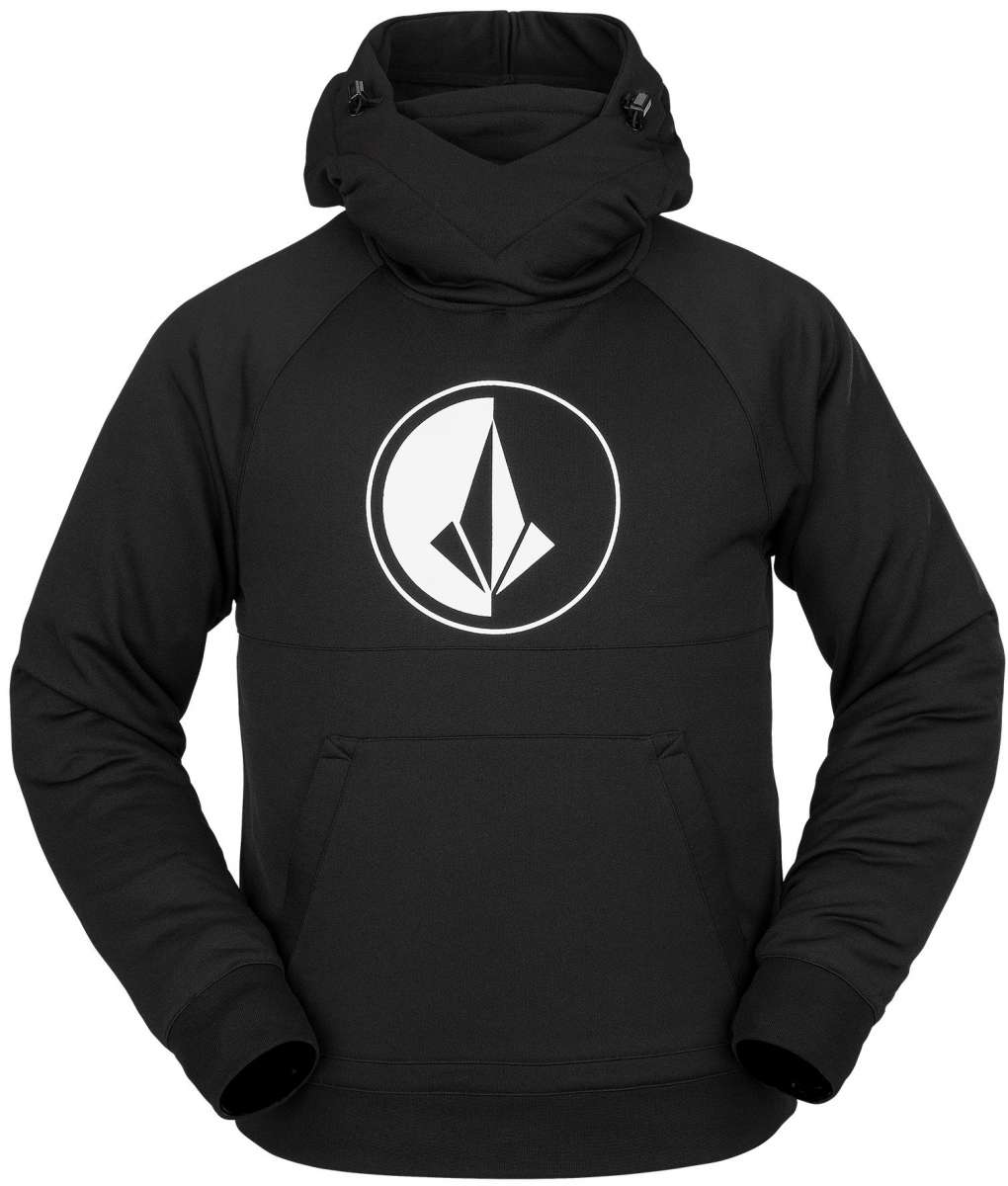 Volcom - A black hoodie with a white logo featuring a stylized "V" and a geometric shape, set against a solid light gray background.