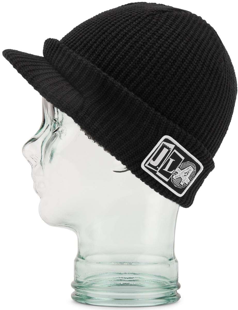 Volcom JLA Visor Beanie 2023 - A black beanie with a visor on top and a white logo patch featuring "JLA" in large letters, with smaller lettering underneath.