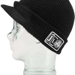 Volcom JLA Visor Beanie 2023 - A black beanie with a visor on top and a white logo patch featuring "JLA" in large letters, with smaller lettering underneath.