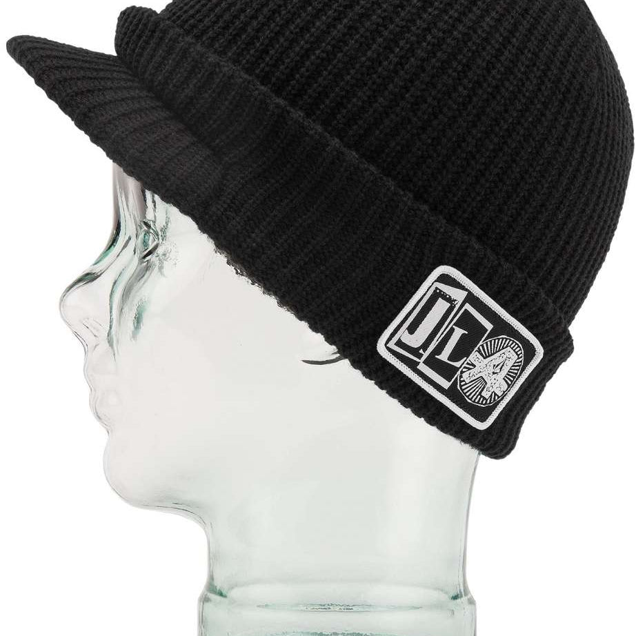 Volcom JLA Visor Beanie 2023 - A black beanie with a visor on top and a white logo patch featuring "JLA" in large letters, with smaller lettering underneath.