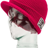 Volcom JLA Visor Beanie 2023 - A red beanie with a visor on top and a black logo patch on the side.