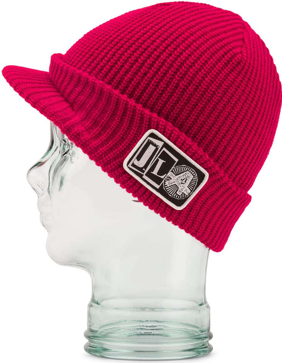 Volcom JLA Visor Beanie 2023 - A red beanie with a visor on top and a black logo patch featuring white letters "JLA".