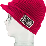 Volcom JLA Visor Beanie 2023 - A red beanie with a visor on top and a black logo patch featuring white letters "JLA".