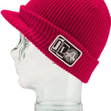 Volcom JLA Visor Beanie 2023 - A red beanie with a visor on top and a black logo patch featuring white letters "JLA".