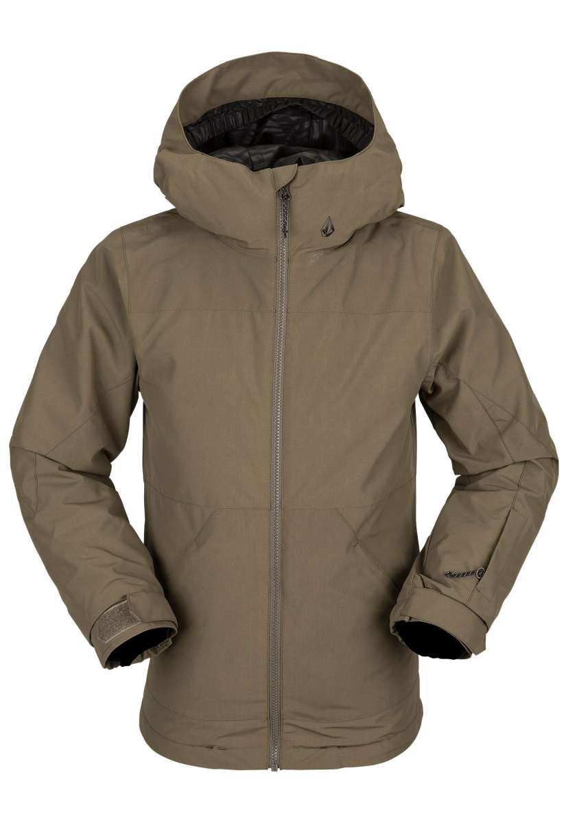 Volcom Juniors' Vernon Insulated Jacket 2023 - A tan-colored jacket with a hood, featuring a small logo on the upper left side of the chest area.