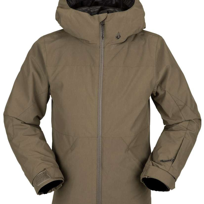 Volcom Juniors' Vernon Insulated Jacket 2023 - A tan-colored jacket with a hood, featuring a small logo on the upper left side of the chest area.