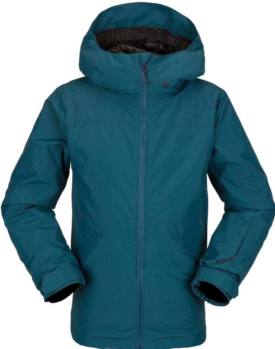 Volcom Juniors' Vernon Insulated Jacket 2023 - A dark teal jacket with a hood, featuring a small embroidered logo on the upper left chest area.