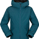 Volcom Juniors' Vernon Insulated Jacket 2023 - A dark teal jacket with a hood, featuring a small embroidered logo on the upper left chest area.