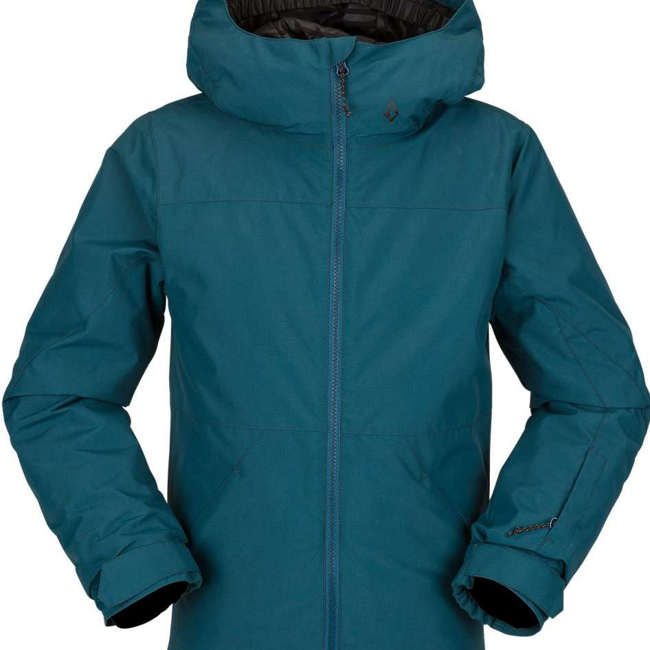 Volcom Juniors' Vernon Insulated Jacket 2023 - A dark teal jacket with a hood, featuring a small embroidered logo on the upper left chest area.
