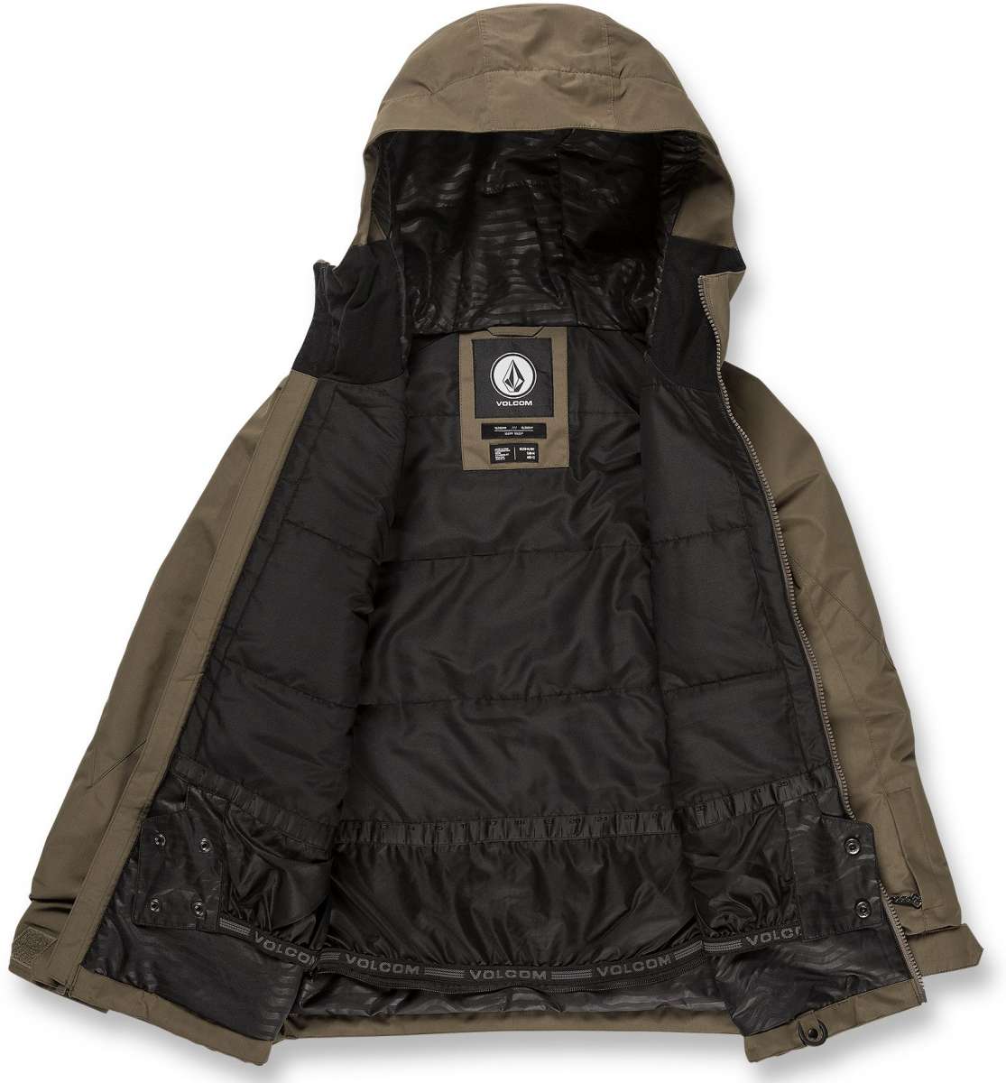 Volcom Juniors' Vernon Insulated Jacket 2023 - A black jacket with a hood, featuring a white logo on the chest and two zippered pockets on the front.