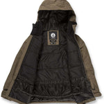 Volcom Juniors' Vernon Insulated Jacket 2023 - A black jacket with a hood, featuring a white logo on the chest and two zippered pockets on the front.