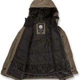 Volcom Juniors' Vernon Insulated Jacket 2023 - A black jacket with a hood, featuring a white logo on the chest and two zippered pockets on the front.