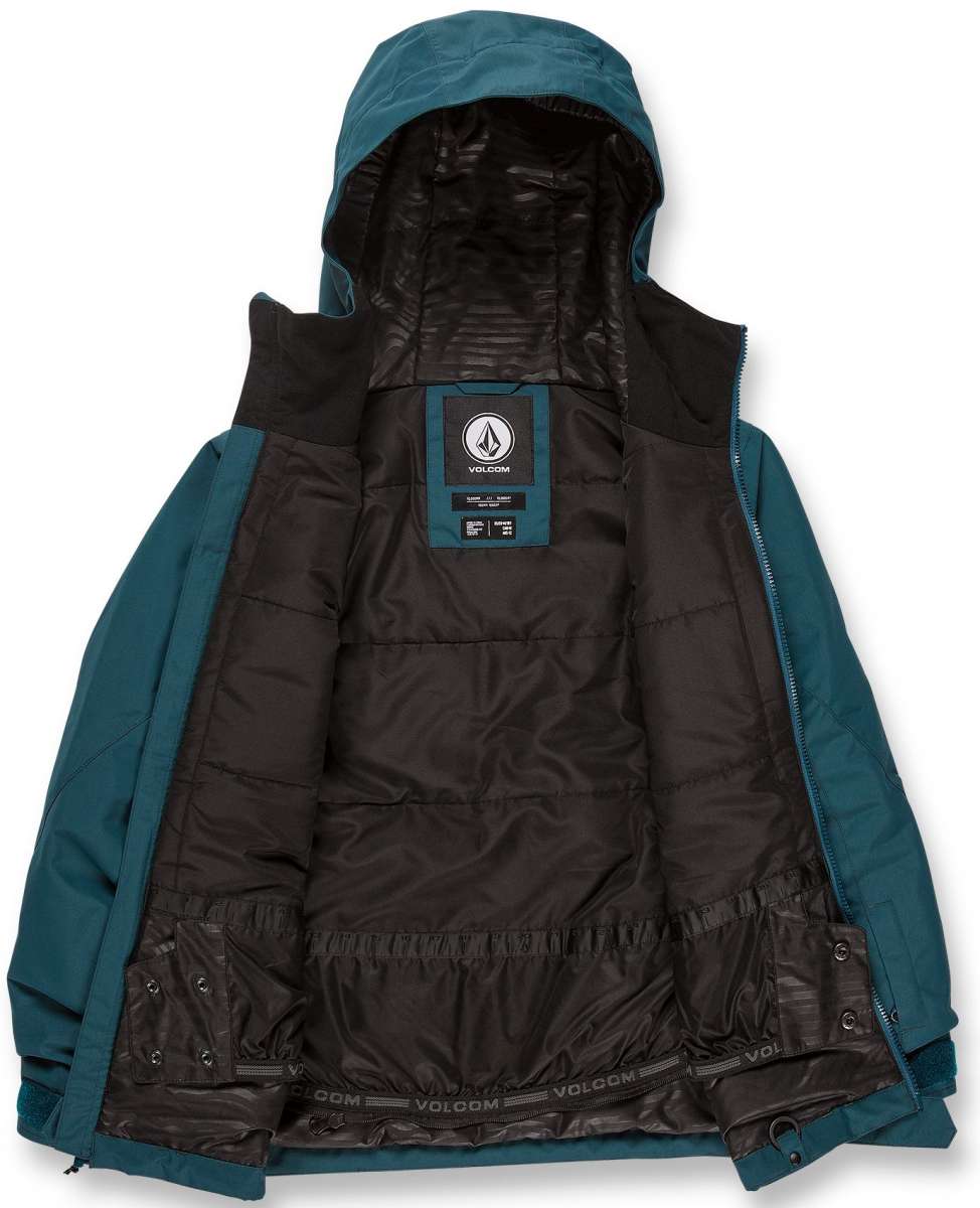 Volcom Juniors' Vernon Insulated Jacket 2023 - A dark green jacket with a hood, featuring a white logo on the chest and black zippers.