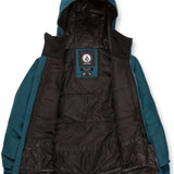 Volcom Juniors' Vernon Insulated Jacket 2023 - A dark green jacket with a hood, featuring a white logo on the chest and black zippers.