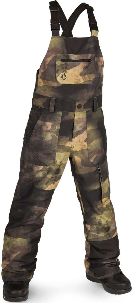 Volcom Juniors Barkley Bib Overall - Bib overall with camouflage pattern, featuring a black zipper and adjustable straps.