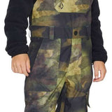 Volcom Juniors Barkley Bib Overall - A pair of camouflage-printed bib overalls with a black zipper and adjustable straps.
