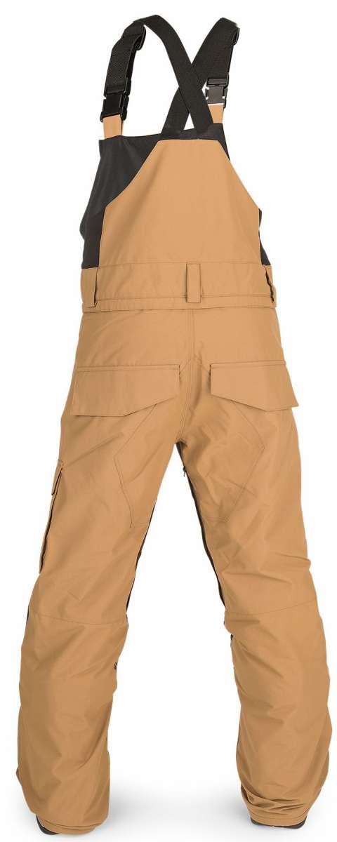 Volcom Juniors Barkley Bib Overall - Black bib overalls with a brown and white striped pattern on the legs, featuring a belt loop at the waist.