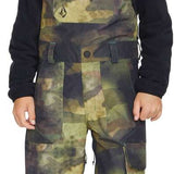 Volcom Juniors Barkley Bib Overall - A pair of camouflage-printed bib overalls with adjustable straps and a front pocket.