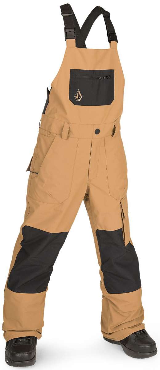 Volcom Juniors Barkley Bib Overall - Tan bib overalls with black accents and a small logo on the front pocket.
