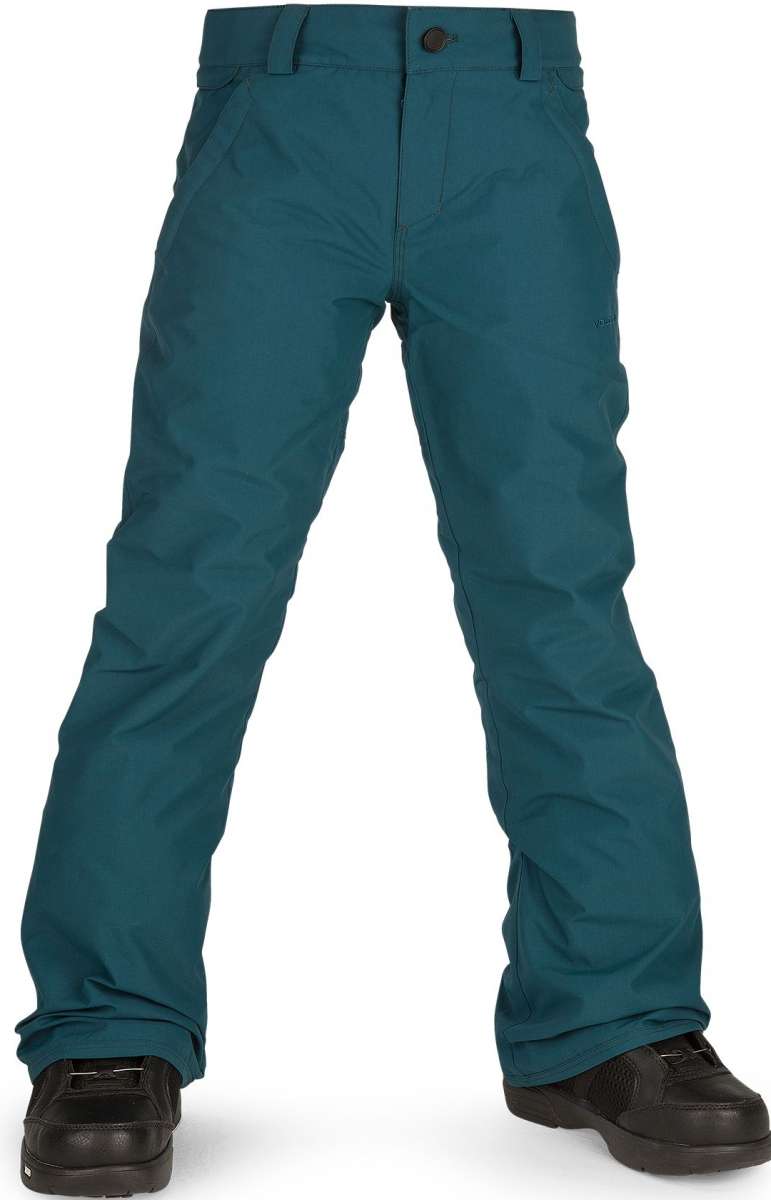 Volcom Juniors Freakin' Chino Insulated Pant 2023 - Dark-washed, straight-leg chinos with a subtle sheen and dark brown belt loops.