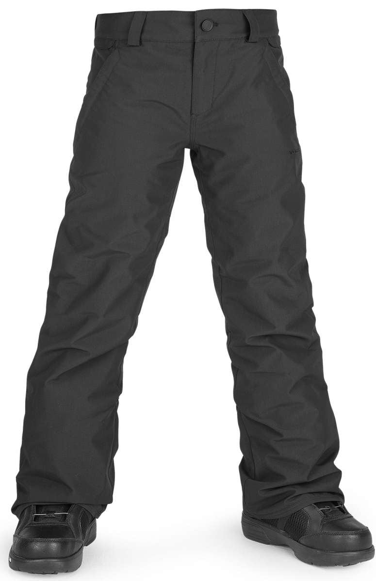 Volcom Juniors Freakin' Chino Insulated Pant - Black pants with a subtle white stripe on the side seam and black drawstring at the waist.