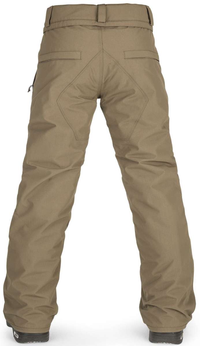 Volcom Juniors Freakin' Chino Insulated Pant 2023 - A pair of khaki-colored snow pants with a zippered pocket on the side and a black logo patch on the left leg.