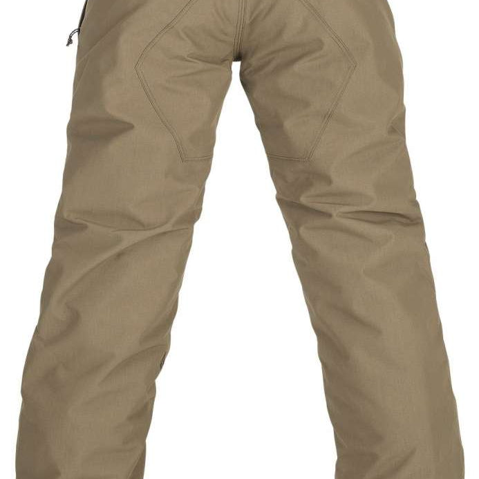 Volcom Juniors Freakin' Chino Insulated Pant 2023 - A pair of khaki-colored snow pants with a zippered pocket on the side and a black logo patch on the left leg.
