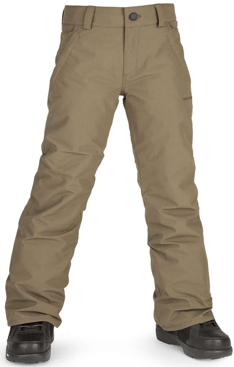 Volcom Juniors Freakin' Chino Insulated Pant 2023 - A pair of khaki-colored snow pants with a subtle pattern and zippered pockets.