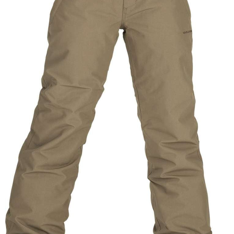 Volcom Juniors Freakin' Chino Insulated Pant 2023 - A pair of khaki-colored snow pants with a subtle pattern and zippered pockets.