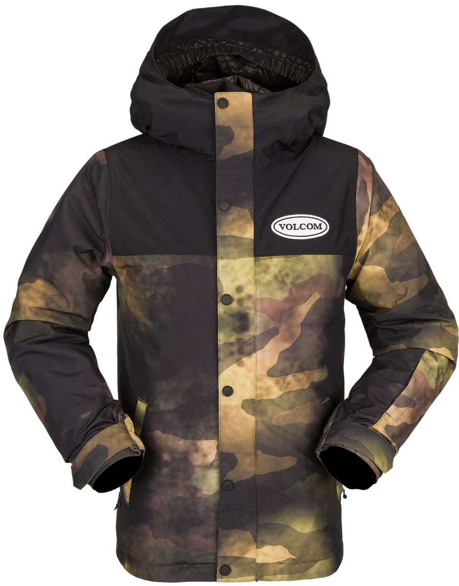 Volcom Juniors Stone 91 Insulated Jacket - A black and brown camouflage patterned jacket with a hood, featuring a white oval logo on the upper right chest area.