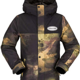 Volcom Juniors Stone 91 Insulated Jacket - A black and brown camouflage patterned jacket with a hood, featuring a white oval logo on the upper right chest area.
